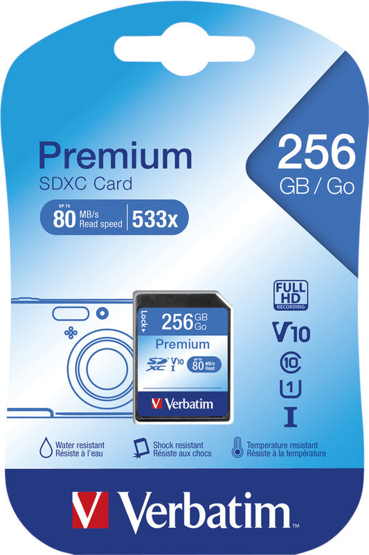 Verbatim SDXC-Karte – 256 GB, Klasse 10; Lesen 45 MB/s; Schreiben 10 MB/s
