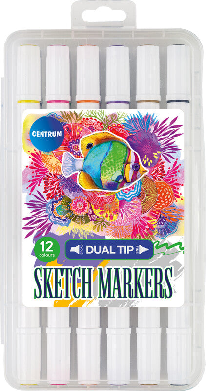 Centrum Sketchmarker Filzstift, Doppelspitze – Kombi (Rund + Keil), 1–5 mm, alkoholbasiert, 12 Farben