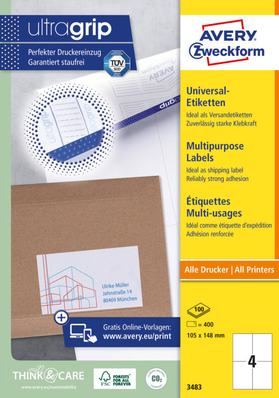 Avery Bogenetiketten, 105 mm × 148 mm, weiss, Papier, permanent, Packung 400 Etiketten (100 Blatt)