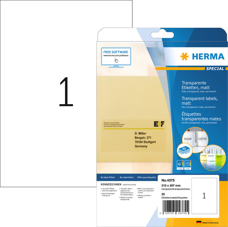 HERMA Etiketten (Bogen), 66 mm × 34 mm, transparent, Folie, permanent haftend, 25 Blatt, 600 Etiketten