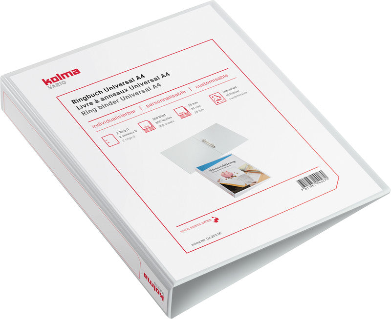 Kolma Zeigebuch – A4 Hochformat – 2-Ring Bügelmechanik, Ø 35 mm, Rücken 54 mm – Weiss, mit Sichttasche