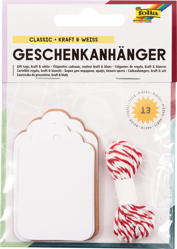 Folia Geschenketiketten – verschiedene Grössen, farbig sortiert, mit Schnur – 12 Etiketten – Papier