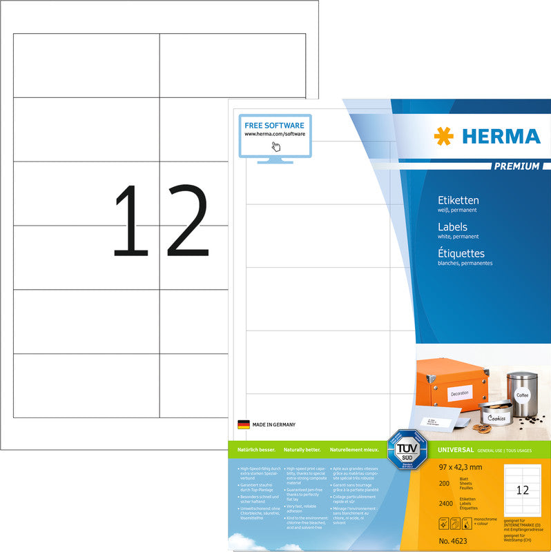 HERMA Druckeretiketten, 97 mm × 42 mm, weiss, Papier, permanent, 200 Blatt
