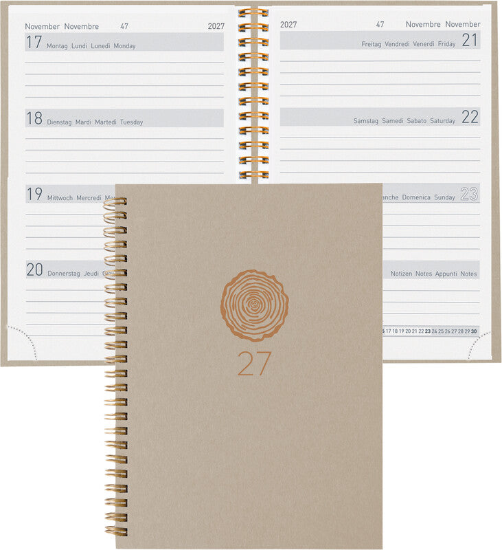 Biella Memento Natural Agenda – 1 Woche/2 Seiten, Wire-O, 10,1 × 14,2 cm, 2027, Mehrsprachig, Hellgrau