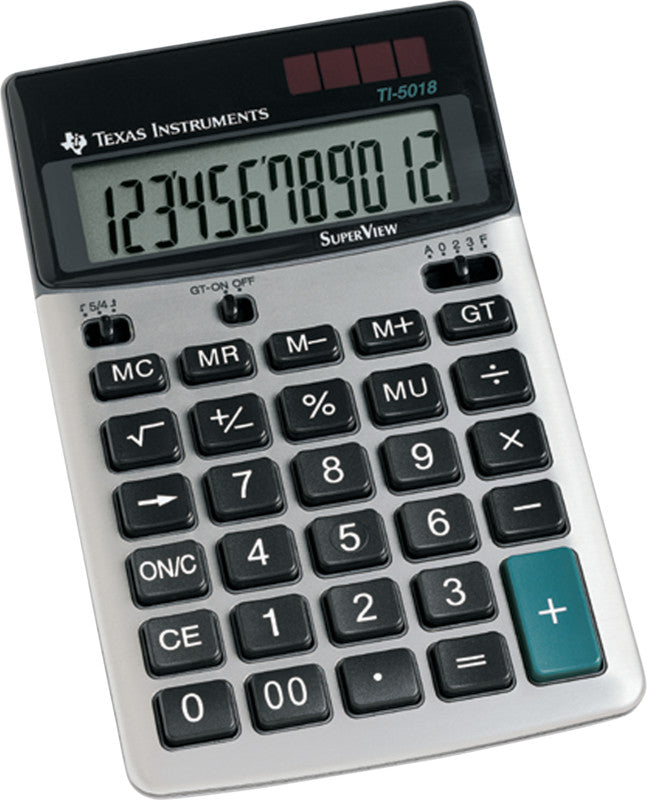 Texas Instruments Taschenrechner 5018 SV – 12-stellig, LCD, Steuer/Prozent, Solar + Batterie, grau