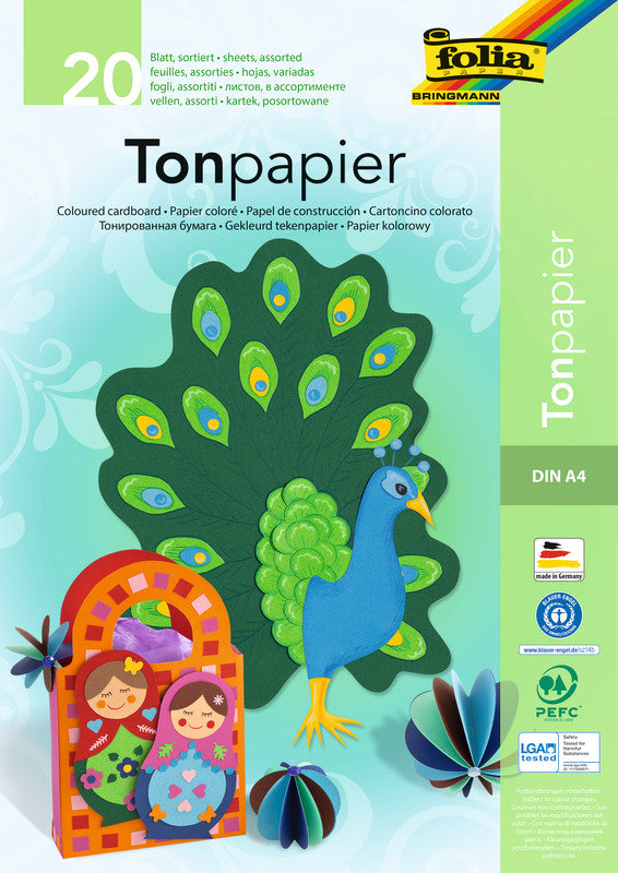 Folia Zeichenpapier A4, 130 g/m², 20 Blatt, mehrfarbig, matt, strukturiert, geleimt, säurefrei, PEFC