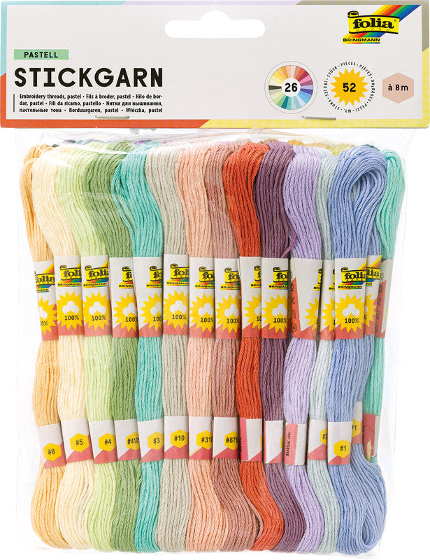 Folia Stickgarn-Set – Baumwolle, mercerisiert, 8 m, Pastellfarben (2 × 26), sortiert – für Sticken