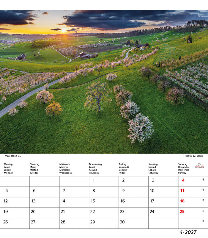 Calendaria Bildkalender Schweiz 2027 – 21 × 24 cm – Kalendarium d/f/i/e