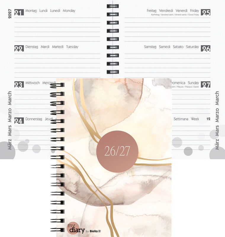 Biella mydiary Schüleragenda – 1 Woche/2 Seiten, Wire-O, 12 × 16,5 cm, Aug–Jul, mehrsprachig, Abstract, FSC
