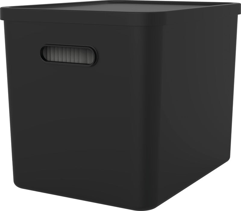 Rotho My Paper Archivbox A4 – mit Deckel, mit Griffloch, stapelbar, 400 × 290 × 295 mm, schwarz
