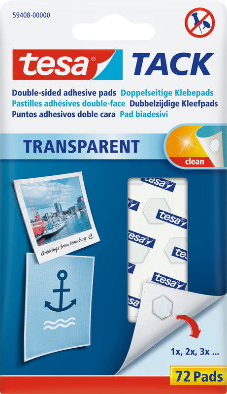 TESA TACK Klebepads – wiederablösbar, transparent, tropffrei, für Papier, leichtgewichtige Gegenstände