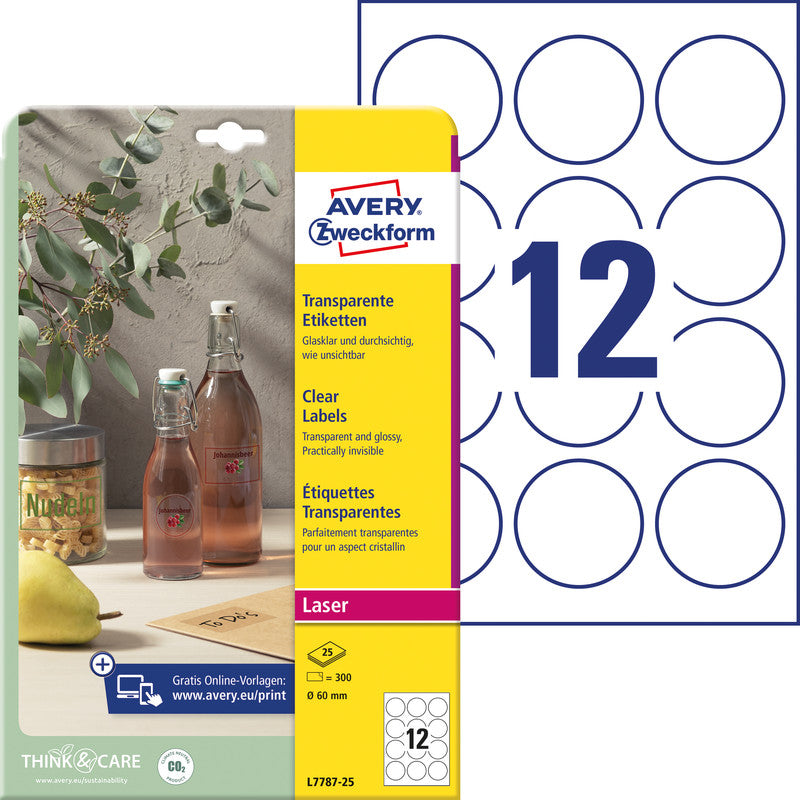 Avery Folienetiketten, Ø 60 mm, transparent, Folie, permanent, 300 Etiketten (25 Blatt)
