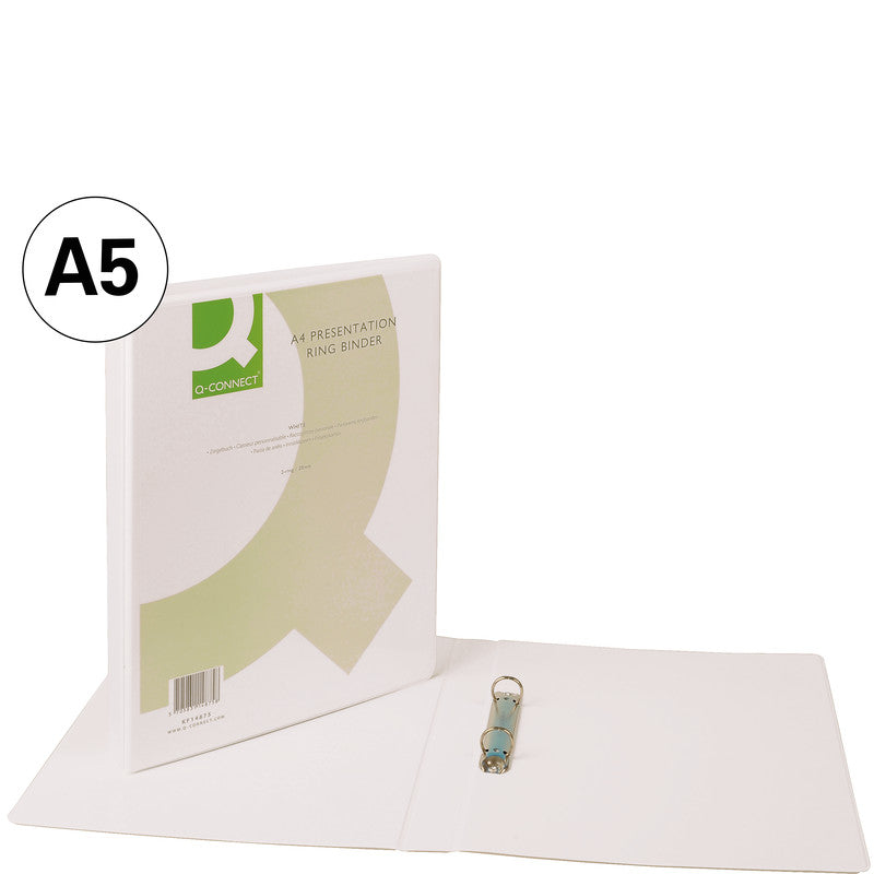 Q-connect Zeigebuch – A5 Hochformat – 2-Ring O-Ring-Mechanik, Ø 25 mm, Rücken 46 mm – Weiss, mit Sichttasche