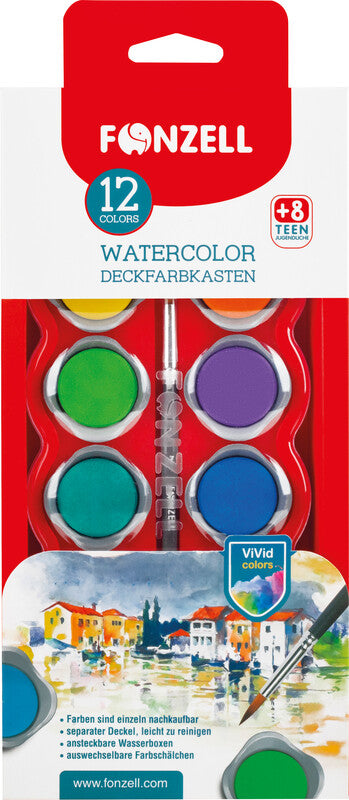 Fonzell Deckfarbkasten – 12 Farben, sortiert, mit Pinsel