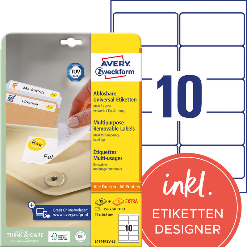 Avery Druckeretiketten, 96 mm × 51 mm, weiss, Papier, wiederablösbar, 30 Blatt (300 Etiketten)