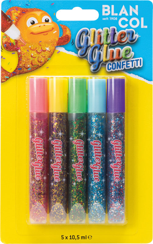 BLANCOL Glitzerkleber Confetti – sortiert, 5 × 10,5 ml, für Karton, Papier