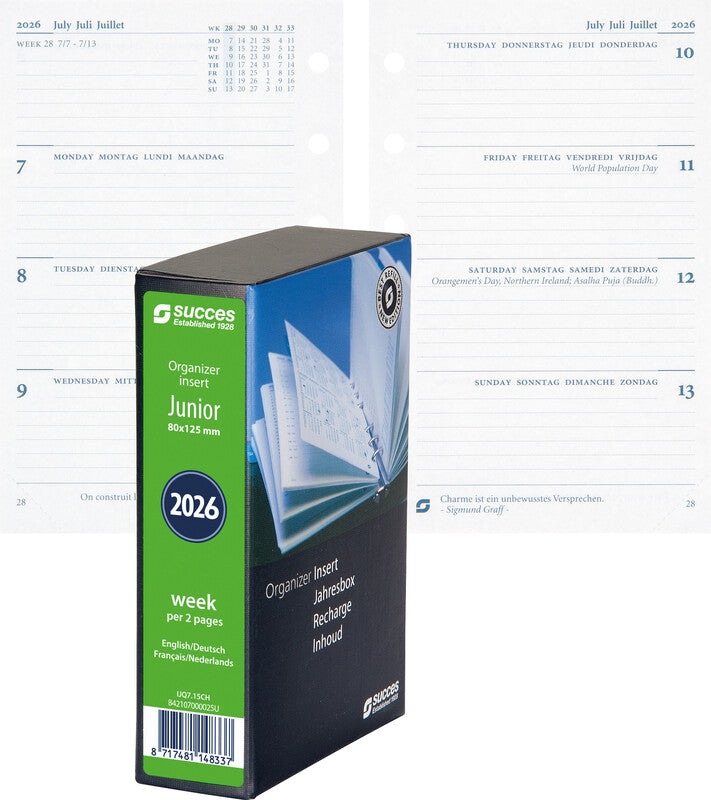 Succes Kalender-Einlage – 1 Woche/2 Seiten, 6-fach, 8 × 12,5 cm, 2026