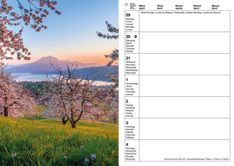 Calendaria Schweizer Foto-Almanach – Wochenagenda 2027, 1 Woche/1 Seite, A5, Spiralbindung