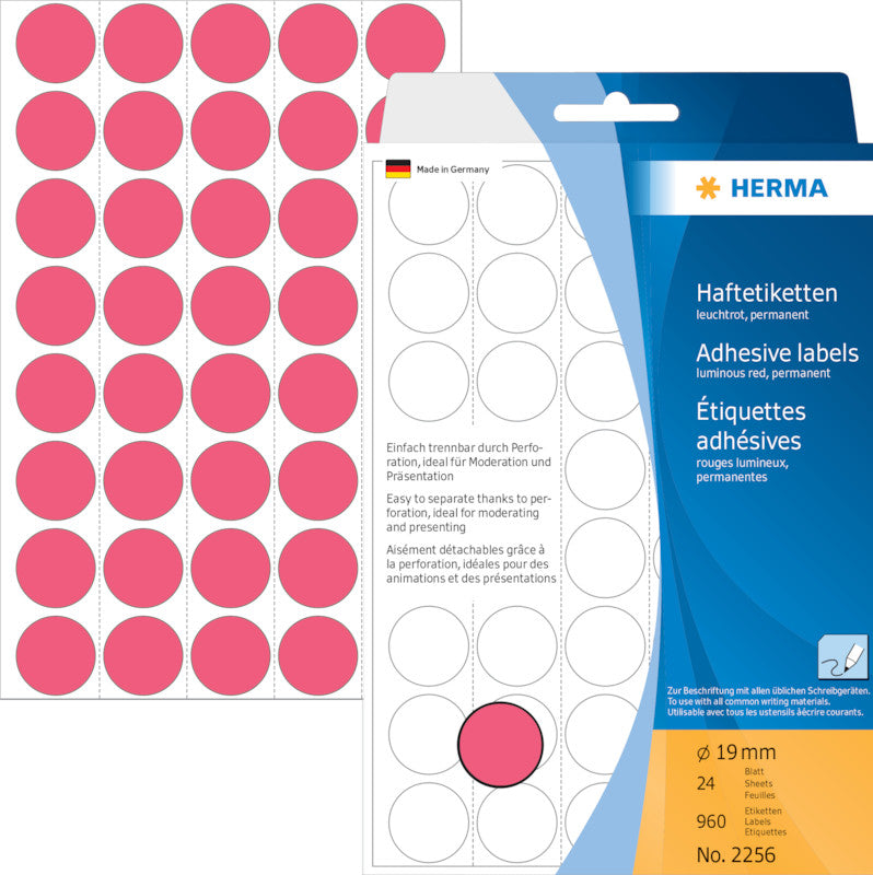 HERMA Schmucketiketten – Motiv einfarbig leuchtrot – Papier, 960 Stk, 24 Bogen, Ø 19 mm, permanent haftend