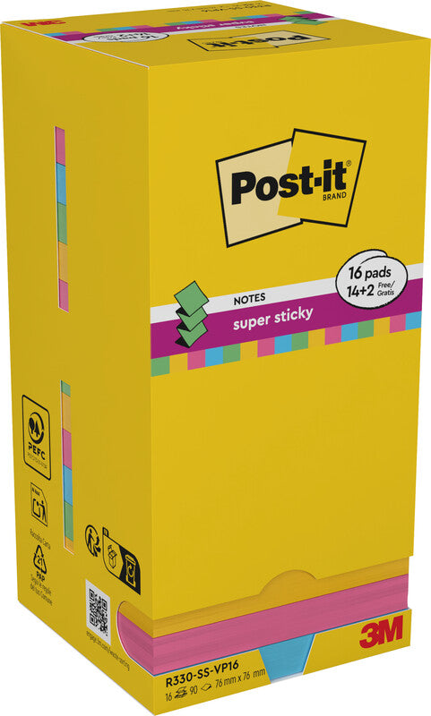 Post-it Super Sticky Z-Notes Haftnotizen – 76 × 76 mm – sortiert, Z-Faltung, 90 Blatt/Block, 16er-Pack, PEFC