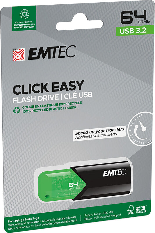 Emtec B110 Click Easy USB-Stick – 64 GB, USB 3.2, Gehäuse aus 100% recyceltem Kunststoff ohne Kappe