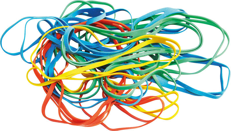 Q-Connect – Kreuzgummibänder – 10 × 15 mm, Ø 100 mm, farbig sortiert, Naturkautschuk, 100 g