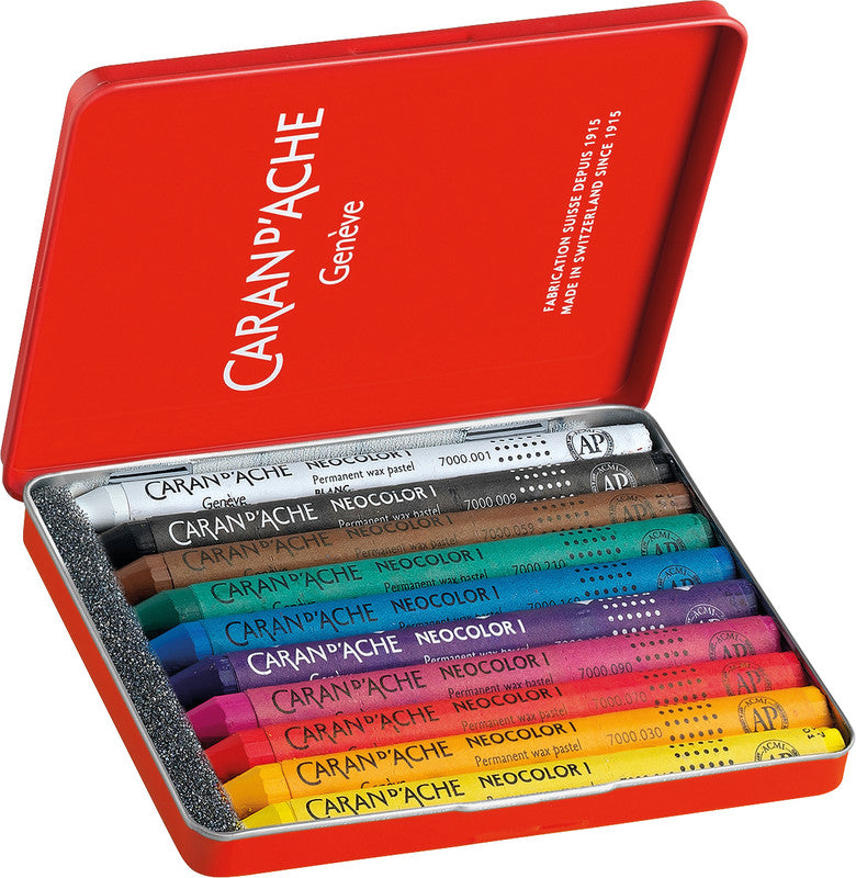 Caran d-Ache Caran d'Ache Neocolor I Ölbasierte Farbstifte-Set – 10 Farben, Mine Ø 8,6 mm, Metallschachtel