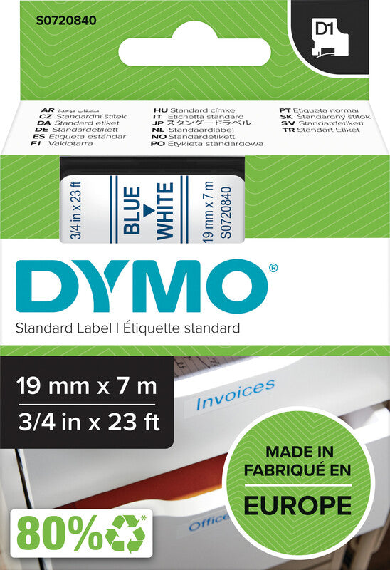 DYMO Schriftband – 19 mm × 7 m, weiss, blau – für DYMO LabelPoint: 200, 250, 300, usw.