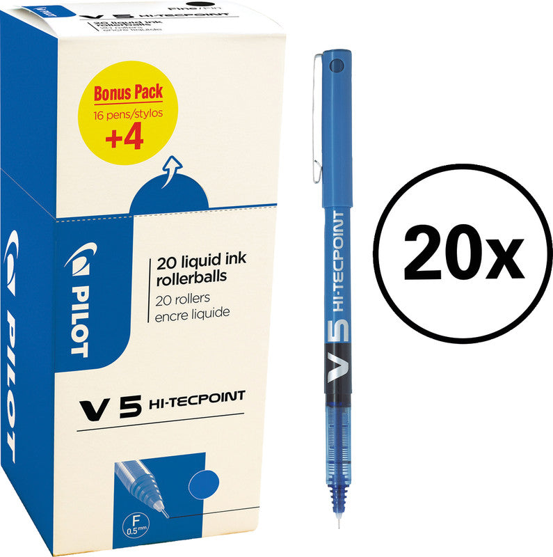Pilot Hi-Tecpoint V5 – Tintenroller-Set, mit Kappe, 0,3 mm, Blau, für Linkshänder, 20er Pack