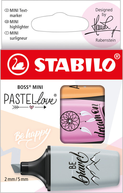 STABILO BOSS Textmarker Mini Set 3 Farben Pastell – Keilspitze, 2–5 mm
