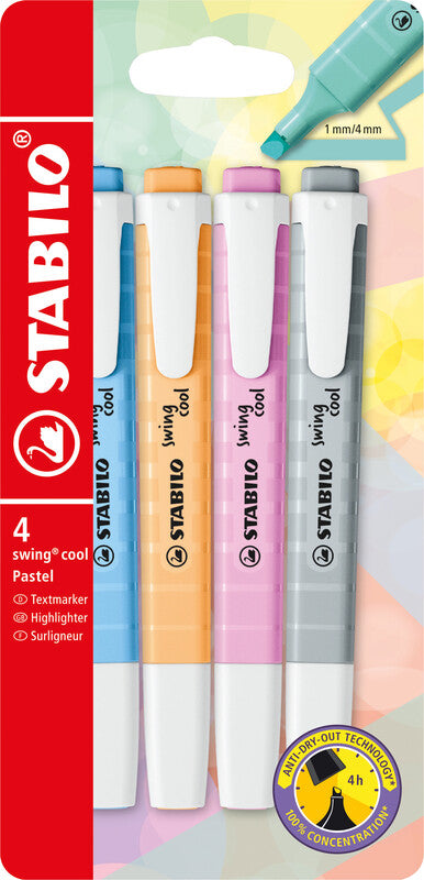 STABILO Swing Cool Pastell Textmarker – 4er Set, Farben: Minze/Rosa/Lila …, Keilspitze 1–4 mm