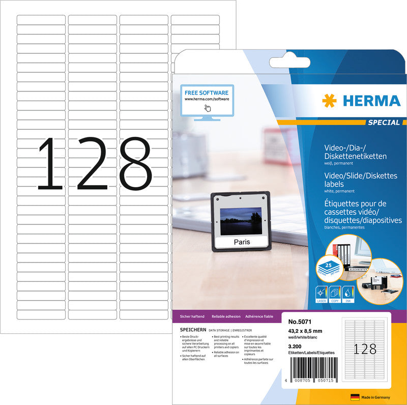HERMA Druckeretiketten, 43,2 mm × 8,5 mm, weiss, Papier, permanent, 25 Blätter (3'200 Etiketten)