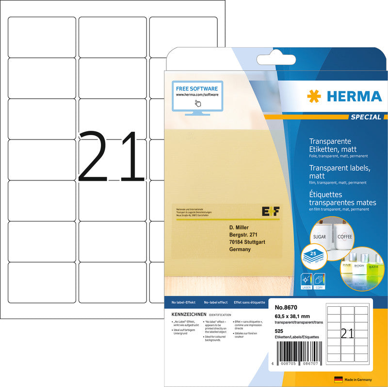 HERMA Selbstklebende Etiketten, 64 mm × 38 mm, transparent, Folie, permanent, 525 Etiketten (25 Blatt)