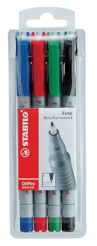 STABILO Non-Permanent-Marker OHPen universal – fein 0,7 mm – sortiert – 4er-Set – trocken abwischbar
