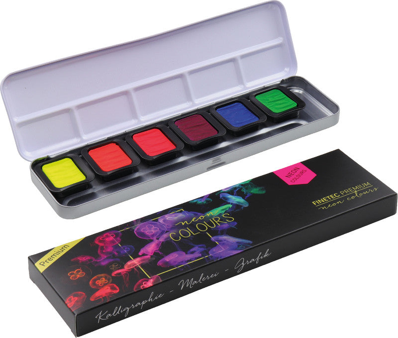 Finetec Premium Neon – Deckfarbkasten – 6 Farben, nachtleuchtend, für Papier, Karton & Holz
