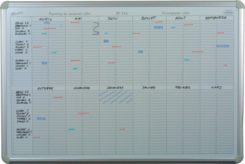 Booffice Ferienplaner, magnetisch, trocken abwischbar, matt, 12 Monate, 24 Zeilen – 91 × 61 cm, grau