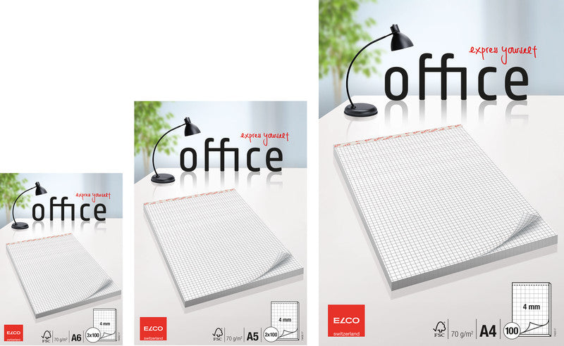 Elco Notizblock A4, kariert 4 mm, geheftet, 100 Blatt, perforiert, 70 g/m² – weiss
