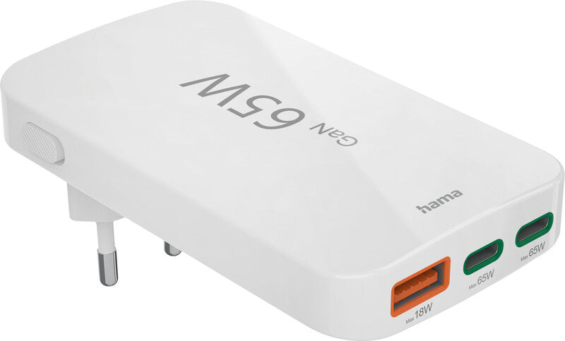 Hama 00201976 USB-Ladegerät 65 W – USB-C×2, USB-A×1 – PD, QC, GaN – für Laptop, Powerbank, Smartphone u. a.