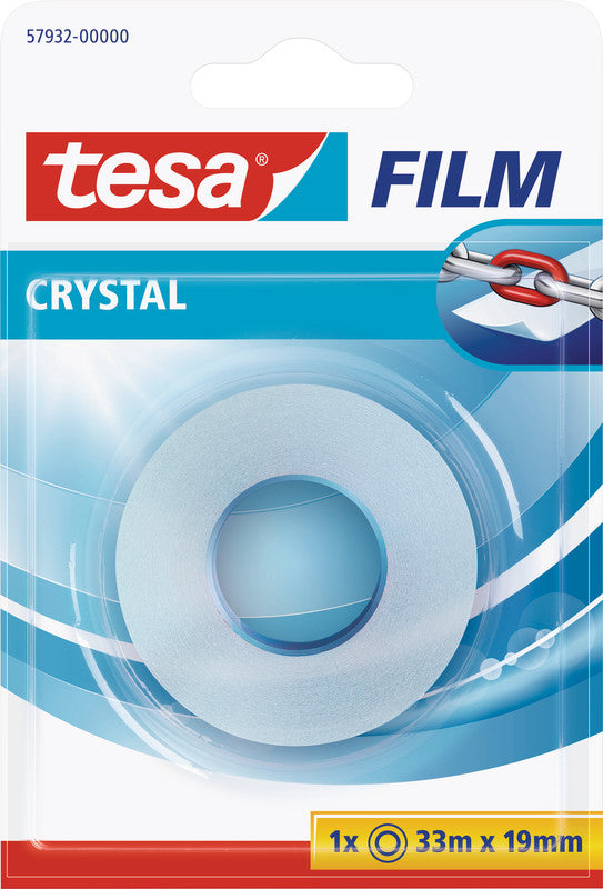 TESA Büro-Klebeband Crystal – permanent, Kunststoff, 19 mm × 33 m, transparent, Kern Ø 26 mm