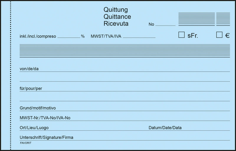 Favorit Formularblock – Quittungen, mehrsprachig, 100 Blatt, A6, selbstdurchschreibend