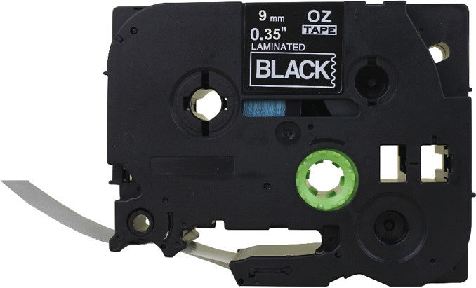 Schriftband – Weiss auf Schwarz – 9 mm × 8 m, laminiert