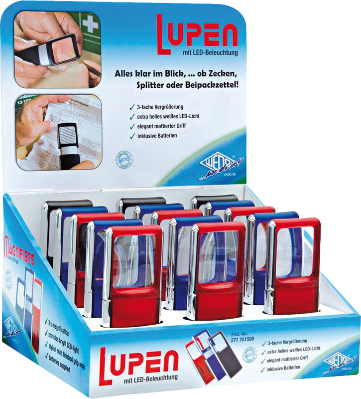 Wedo Leuchtlupe – 3× – Linse B 35 × H 38 mm – mit LED, farbig sortiert