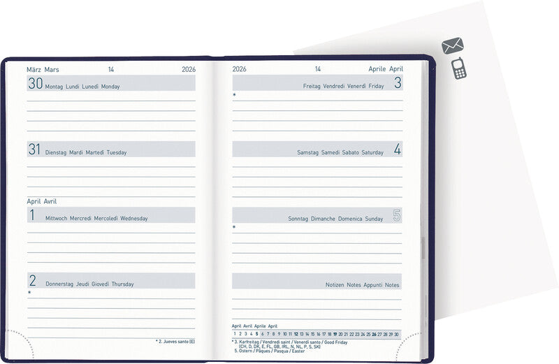 Biella Taschenagenda – 1 Woche/2 Seiten, gebunden, 7,6 × 11,0 cm, 2026, dunkelblau, FSC