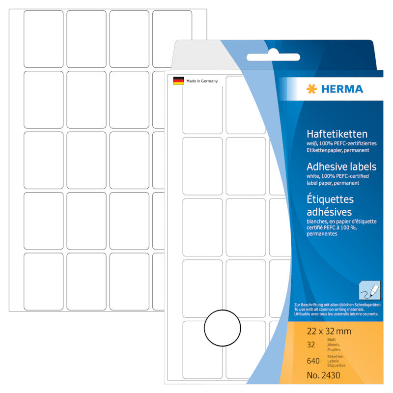 HERMA Schuletiketten – 22×32 mm, Abgerundete Ecken, 640 Stk, 32 Bogen, Papier, Permanent Haftend