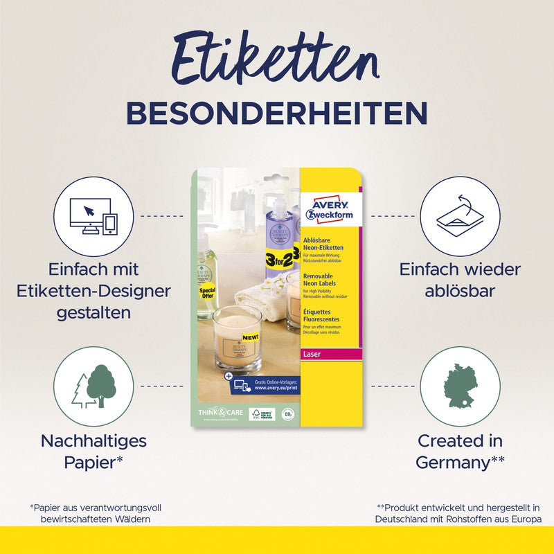 Avery Etiketten, 64 mm × 64 mm, neongelb, wiederablösbar