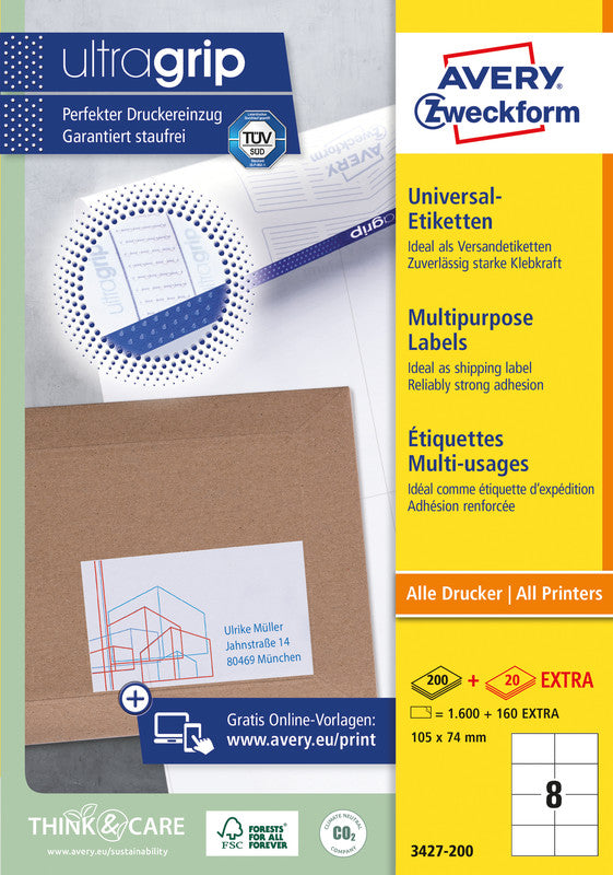 Avery UltraGrip Etiketten, 105 mm × 74 mm, weiss, Papier, permanent, 1760 Etiketten (220 Blätter)