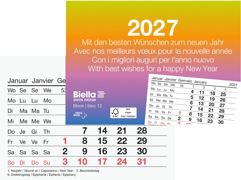 Biella Abreisskalender – 1 Monat pro Blatt – viersprachig D/F/I/GB – 2027 – 11 × 7,7 cm