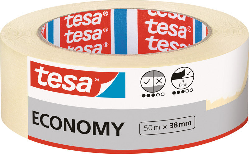 tesa Abdeckband – 38 mm × 50 m, beige, für den Innenbereich, Naturkautschuk, rückstandsfrei bis 4 Tage
