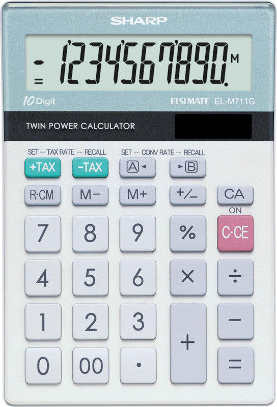 Sharp Tischrechner EL-M711G – 10-stellig, LCD, Steuer/Währung, Solar + Batterie, hellgrau, 100×151×33 mm
