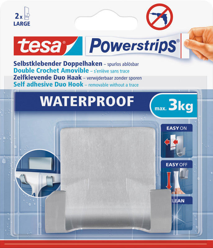 TESA Handtuchhaken (Doppelhaken) – 1-teilig – Klebemontage – 7,1 × 6 × 3,6 cm – Silber – Edelstahl/Kunststoff